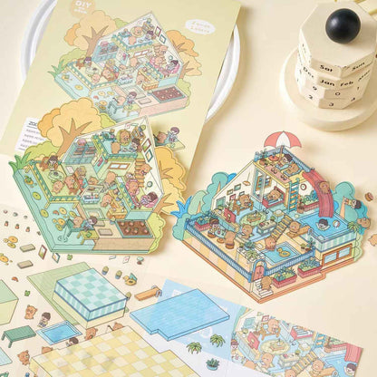 Little Bear's Four Seasons Cottage – 3D DIY MiniatureSticker Scenes - 4 Theme Sets: Spring | Summer | Autumn | Winter