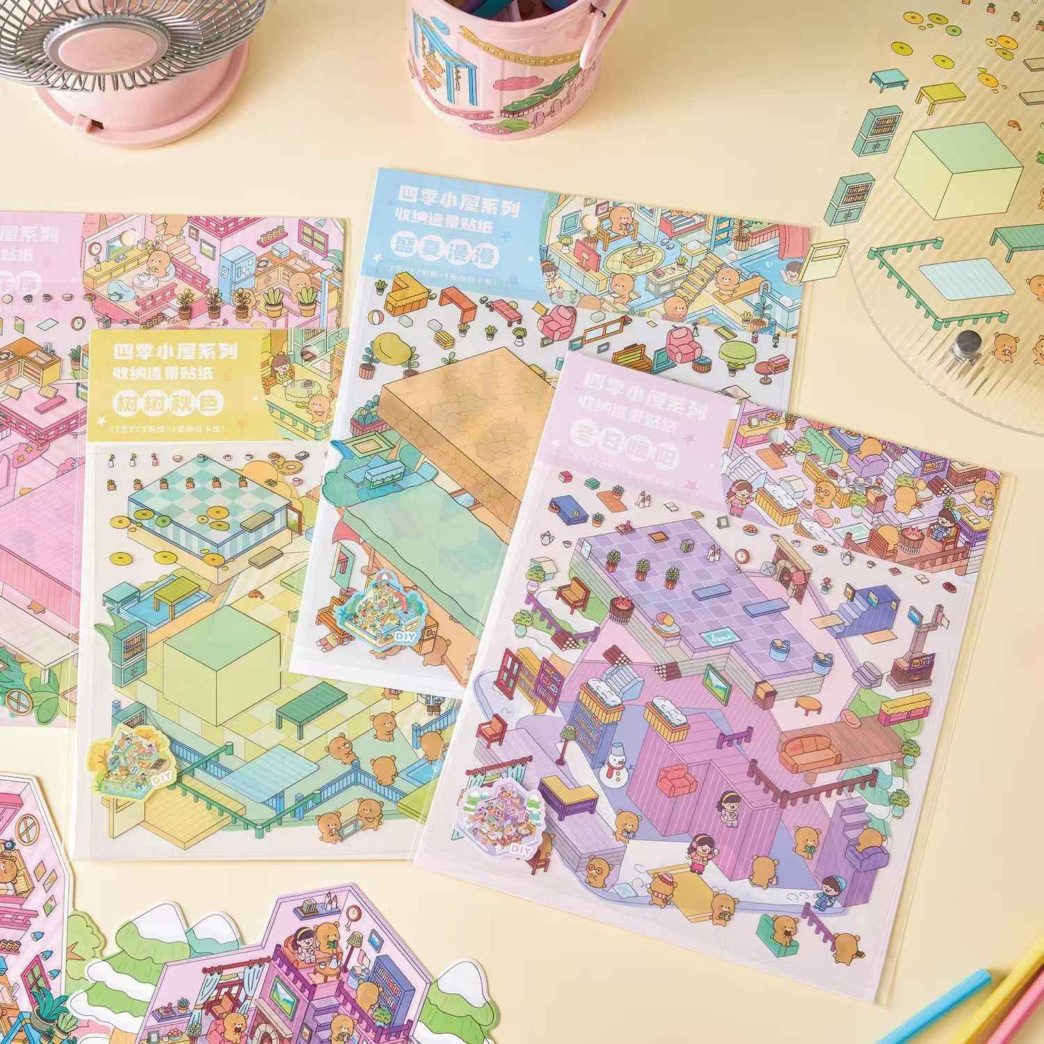 Little Bear's Four Seasons Cottage – 3D DIY MiniatureSticker Scenes - 4 Theme Sets: Spring | Summer | Autumn | Winter