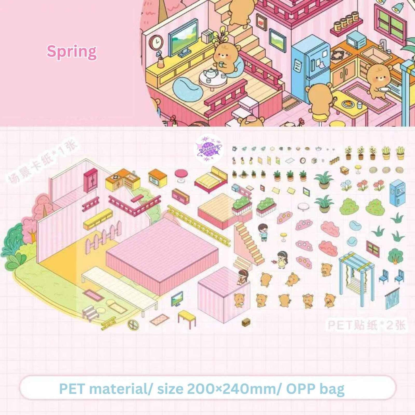 Little Bear's Four Seasons Cottage – 3D DIY MiniatureSticker Scenes - 4 Theme Sets: Spring | Summer | Autumn | Winter
