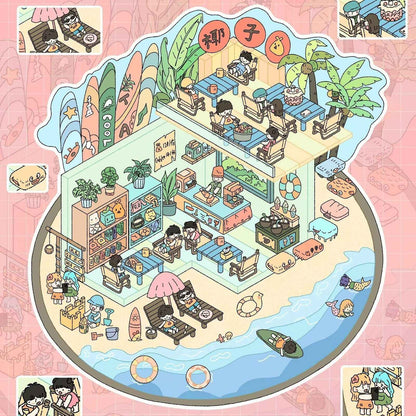 Relaxing Day – 2 Floors Shop 3D Sticker Scenes - 4 Theme Sets: Beach Leisure | BBQ Restaurant | Pumpkin House Cake Shop | Hotpot Restaurant