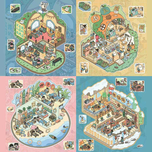 Relaxing Day – 2 Floors Shop 3D Sticker Scenes - 4 Theme Sets: Beach Leisure | BBQ Restaurant | Pumpkin House Cake Shop | Hotpot Restaurant