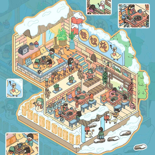 Relaxing Day – 2 Floors Shop 3D Sticker Scenes - 4 Theme Sets: Beach Leisure | BBQ Restaurant | Pumpkin House Cake Shop | Hotpot Restaurant