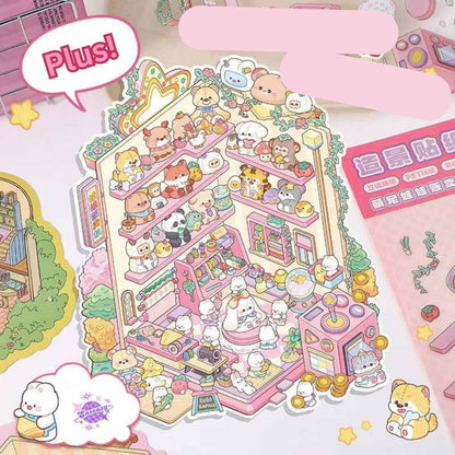 Cartoon Bunny Shop 2.0 Plus Edition – 3D DIY Sticker Scenes - 2 Theme Sets: Strawberry Cake Shop | Doll Vending Machine
