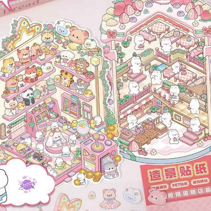 Cartoon Bunny Shop 2.0 Plus Edition – 3D DIY Sticker Scenes - 2 Theme Sets: Strawberry Cake Shop | Doll Vending Machine