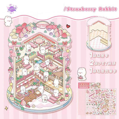 Cartoon Bunny Shop 2.0 Plus Edition – 3D DIY Sticker Scenes - 2 Theme Sets: Strawberry Cake Shop | Doll Vending Machine