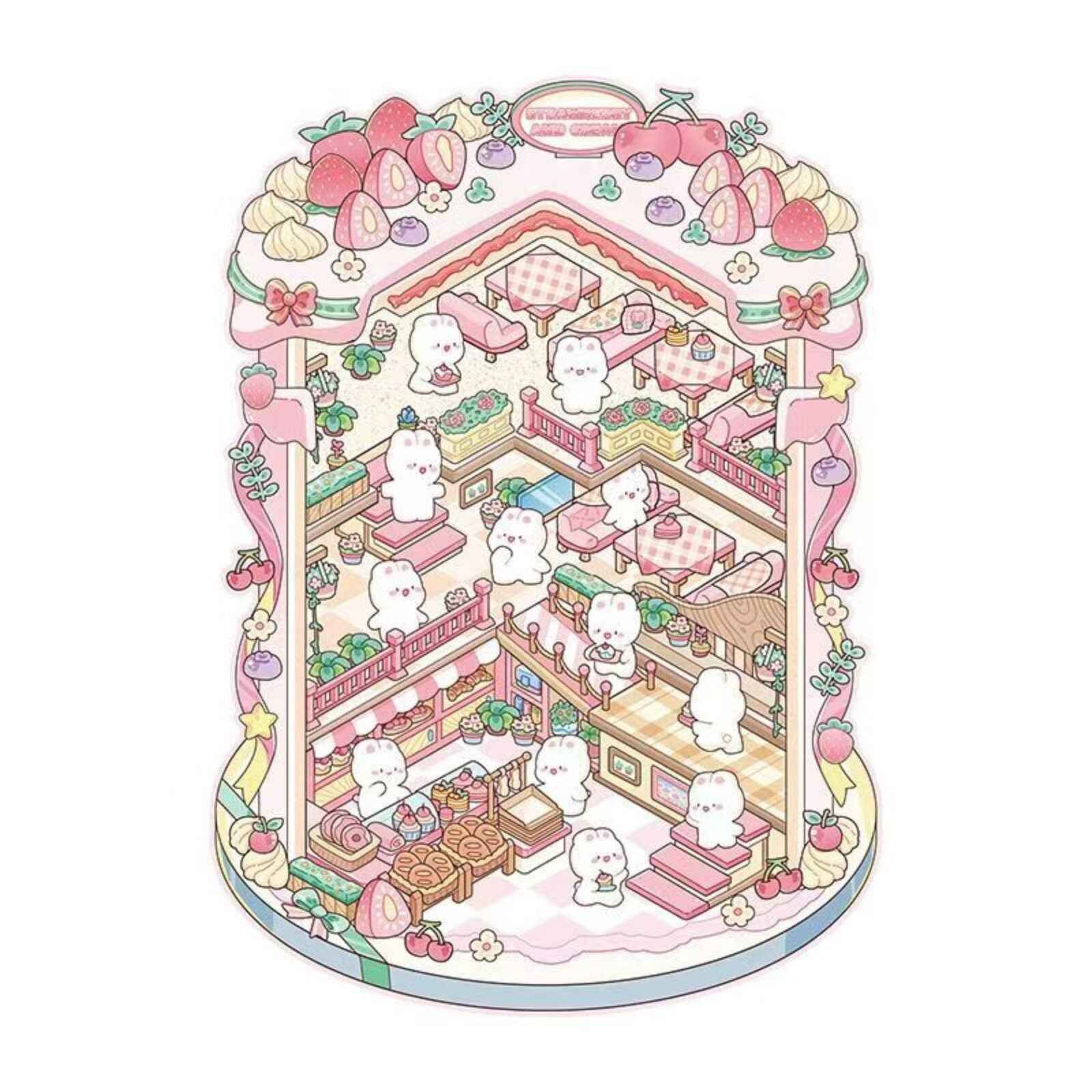 Cartoon Bunny Shop 2.0 Plus Edition – 3D DIY Sticker Scenes - 2 Theme Sets: Strawberry Cake Shop | Doll Vending Machine