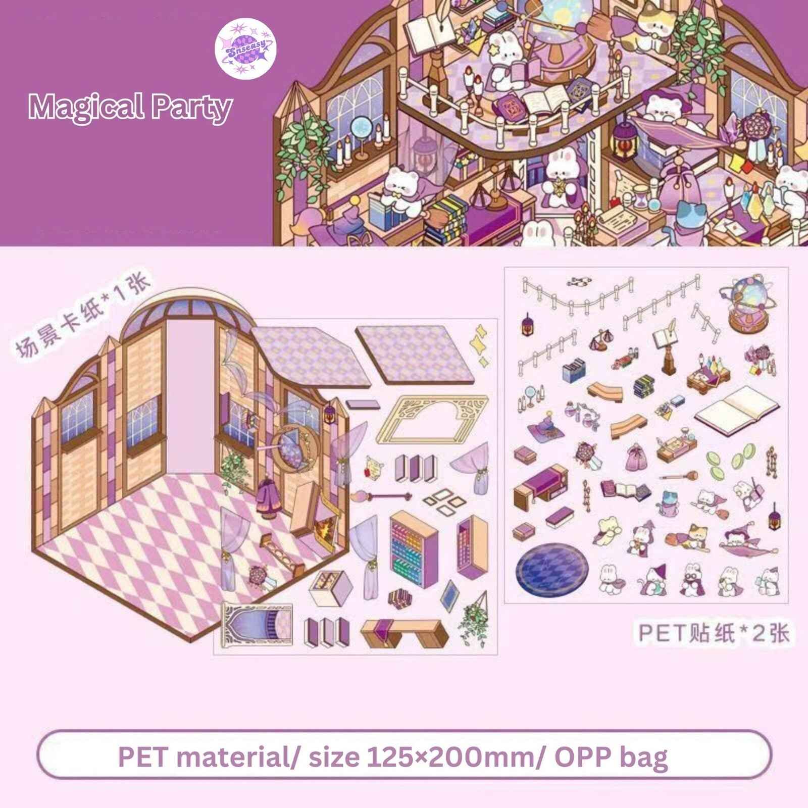 Magical Party 2.5D – 3D Miniature Sticker Scenes - 4 Theme Sets: Snowy World | Amusement Park | Magical Party | Sakura Hot Springs