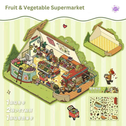 Fruit & Vegetable Supermarket – 3D DIY Sticker Scenes - 2 Theme Sets: Fruit & Vegetable Supermarket | Green Plant Home