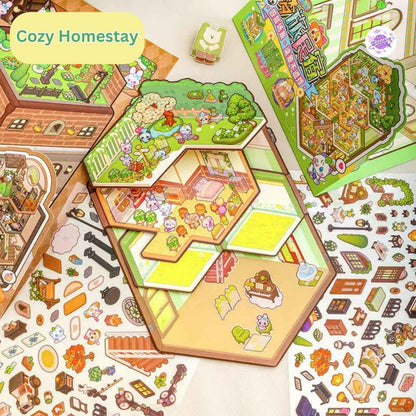 Tri-Fold Flip Page – Accommodation Series - 3D DIY Sticker Scenes 2 Theme Sets: British Apartment | Cozy Homestay