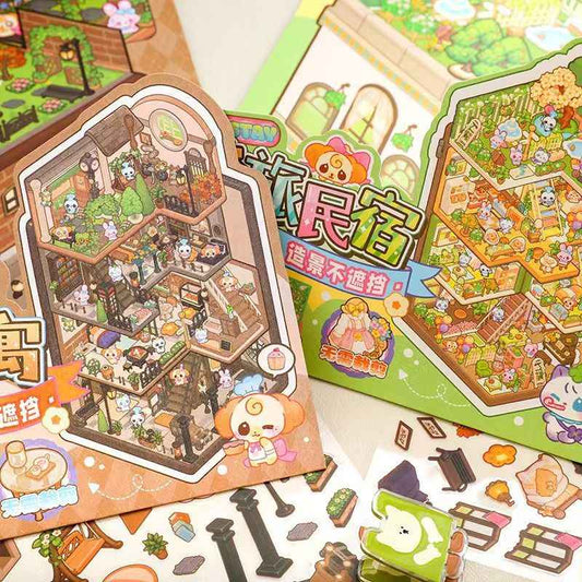 Tri-Fold Flip Page – Accommodation Series - 3D DIY Sticker Scenes 2 Theme Sets: British Apartment | Cozy Homestay
