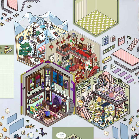 Cute Animal 8.0 – 3D Sticker Scenes - 6 Theme Sets: Health Club | Sunken Treasure | Reunion New Year | Hot Spring House | Space-Time Magic House | Ice and Snow World