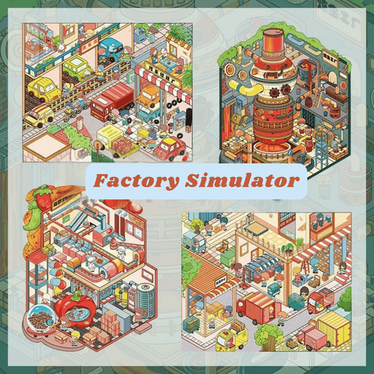 Factory Simulator – 3D Miniature Scene Stickers – 4 Theme Sets: Auto Repair Shop | Express Delivery Hub | Spicy Snack Factory | Alchemy Workshop