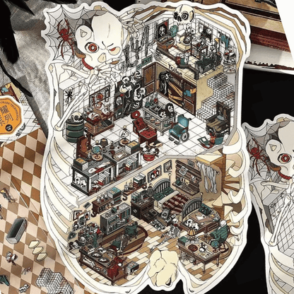 Horror Game Series – Plus Size 3D Miniature Scene Stickers – 4 Theme Sets: Puppet Theater | Screaming Surgery Room | Bio-Apocalypse Camp | Skeleton Shop