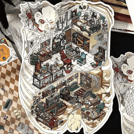 Horror Game Series – Plus Size 3D Miniature Scene Stickers – 4 Theme Sets: Puppet Theater | Screaming Surgery Room | Bio-Apocalypse Camp | Skeleton Shop