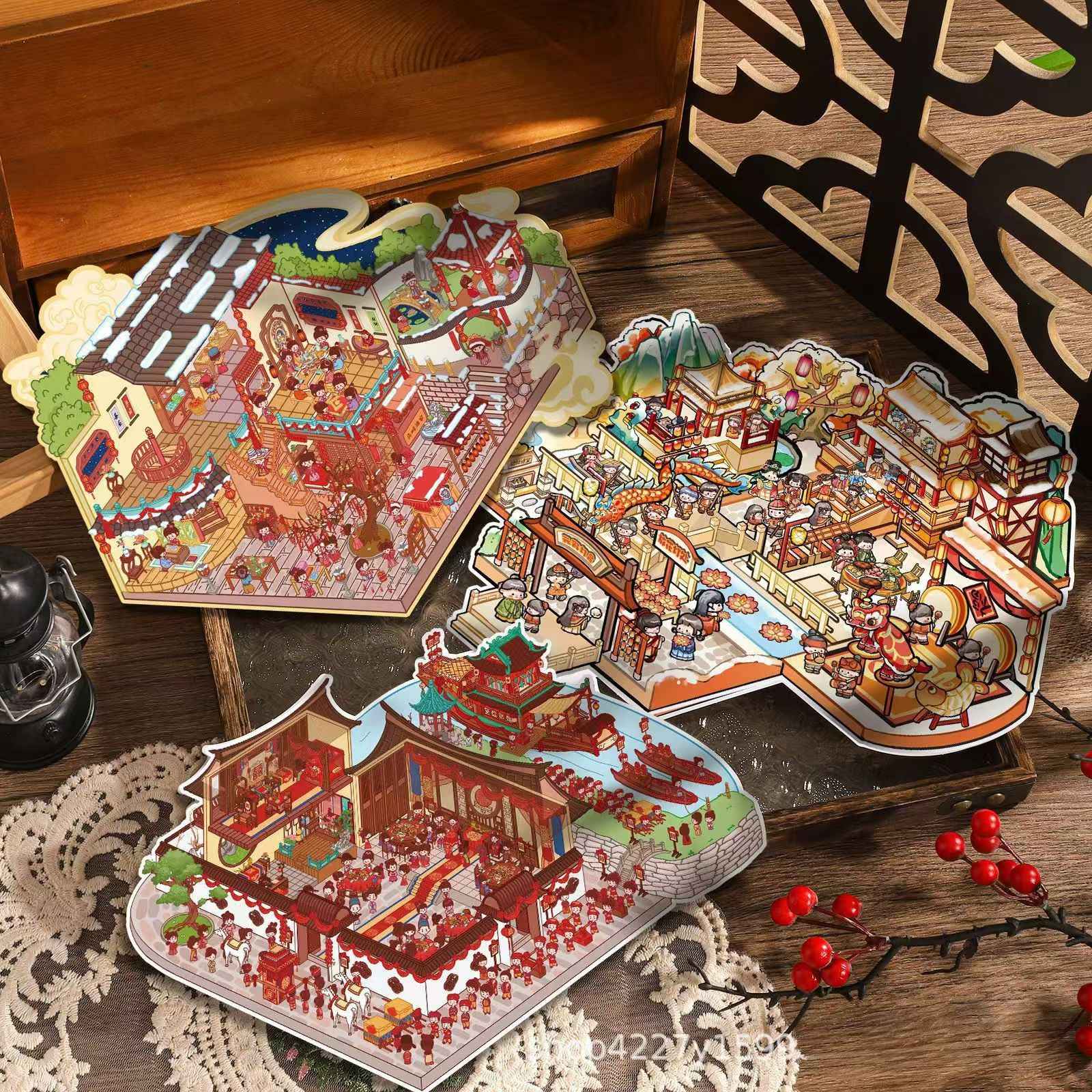 Joyful Holidays – Plus 3D Miniature Sticker Scenes - 3 Theme Sets: Chinese Wedding | New Year Fireworks | Lantern Festival