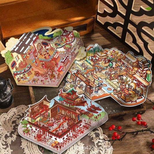 Joyful Holidays – Plus 3D Miniature Sticker Scenes - 3 Theme Sets: Chinese Wedding | New Year Fireworks | Lantern Festival