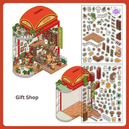 Magical Realm 5.0 – Cute Bunny Boxed World 3D Sticker Scenes - 4 Theme Sets: Collection Gallery | Café | Mountain Top Camping | Gift Shop