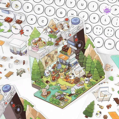 Magical Realm 5.0 – Cute Bunny Boxed World 3D Sticker Scenes - 4 Theme Sets: Collection Gallery | Café | Mountain Top Camping | Gift Shop