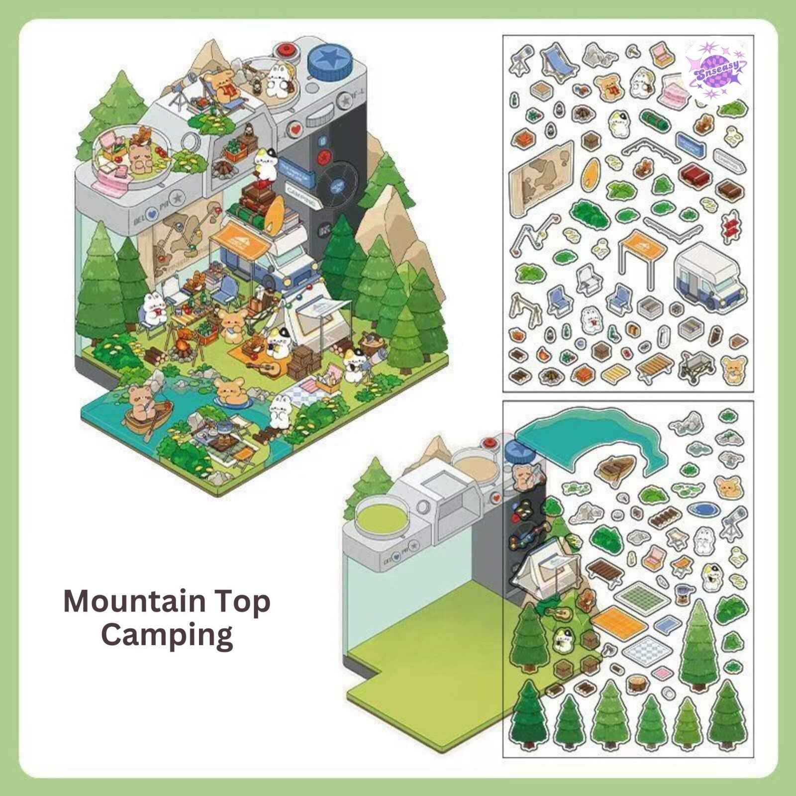 Magical Realm 5.0 – Cute Bunny Boxed World 3D Sticker Scenes - 4 Theme Sets: Collection Gallery | Café | Mountain Top Camping | Gift Shop