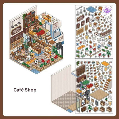 Magical Realm 5.0 – Cute Bunny Boxed World 3D Sticker Scenes - 4 Theme Sets: Collection Gallery | Café | Mountain Top Camping | Gift Shop