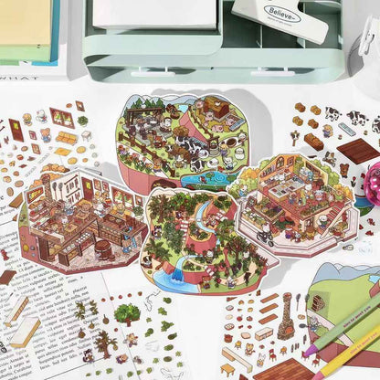 Cute Store 2-Floor 2.0 – 3D Miniature Sticker Scenes - 4 Theme Sets: Fruit Store | Four Seasons Orchard | Cheese Shop | Sunny Farm