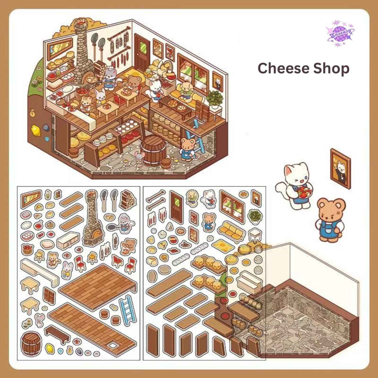 Cute Store 2-Floor 2.0 – 3D Miniature Sticker Scenes - 4 Theme Sets: Fruit Store | Four Seasons Orchard | Cheese Shop | Sunny Farm