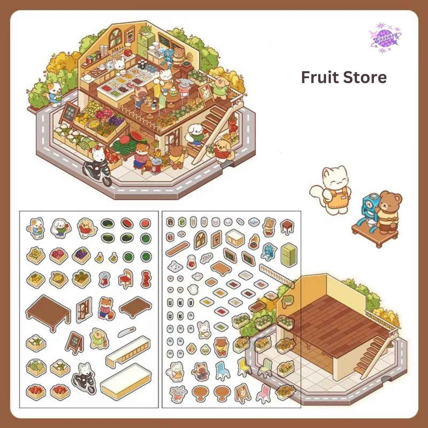 Cute Store 2-Floor 2.0 – 3D Miniature Sticker Scenes - 4 Theme Sets: Fruit Store | Four Seasons Orchard | Cheese Shop | Sunny Farm