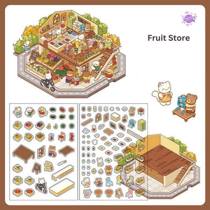 Cute Store 2-Floor 2.0 – 3D Miniature Sticker Scenes - 4 Theme Sets: Fruit Store | Four Seasons Orchard | Cheese Shop | Sunny Farm