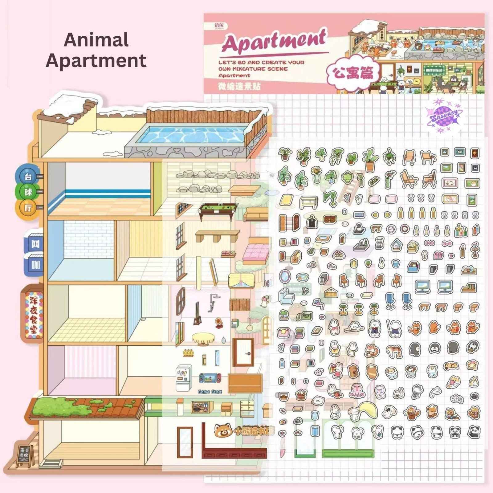 Cute Animal Home 6-Floor – Plus 3D Miniature Sticker Scenes - 2 Theme Sets: Animal Apartment | Forest Treehouse