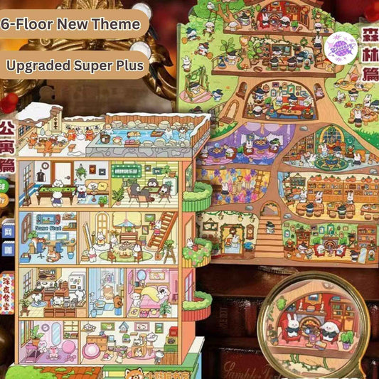 Cute Animal Home 6-Floor – Plus 3D Miniature Sticker Scenes - 2 Theme Sets: Animal Apartment | Forest Treehouse