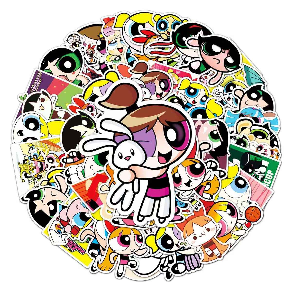 Powerpuff Girls 50-Piece Sticker Pack | Kawaii Characters, DIY Crafting, Journal, Laptop, Water Bottle, Scrapbooking, Reusable, Waterproof PVC
