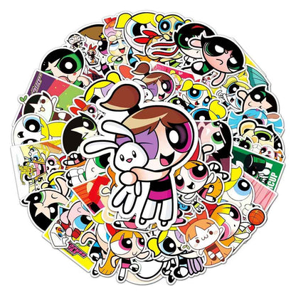 Powerpuff Girls 50-Piece Sticker Pack | Kawaii Characters, DIY Crafting, Journal, Laptop, Water Bottle, Scrapbooking, Reusable, Waterproof PVC