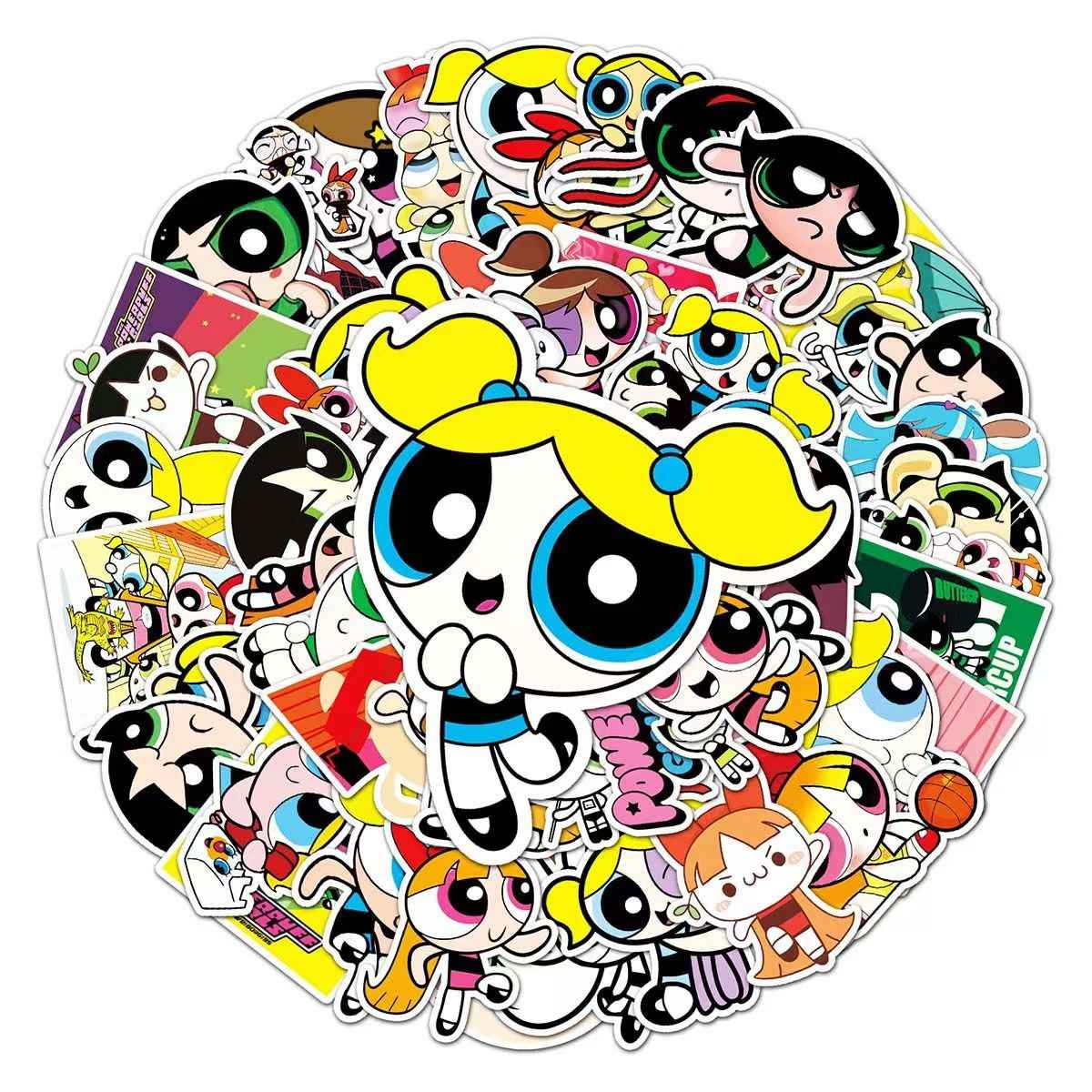 Powerpuff Girls 50-Piece Sticker Pack | Kawaii Characters, DIY Crafting, Journal, Laptop, Water Bottle, Scrapbooking, Reusable, Waterproof PVC