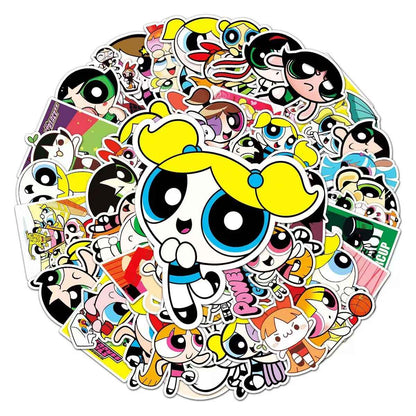Powerpuff Girls 50-Piece Sticker Pack | Kawaii Characters, DIY Crafting, Journal, Laptop, Water Bottle, Scrapbooking, Reusable, Waterproof PVC