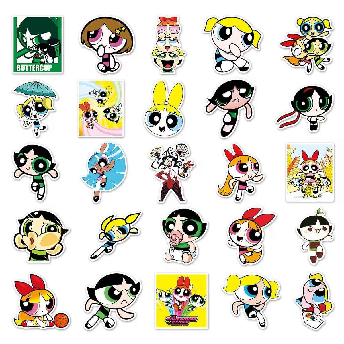 Powerpuff Girls 50-Piece Sticker Pack | Kawaii Characters, DIY Crafting, Journal, Laptop, Water Bottle, Scrapbooking, Reusable, Waterproof PVC