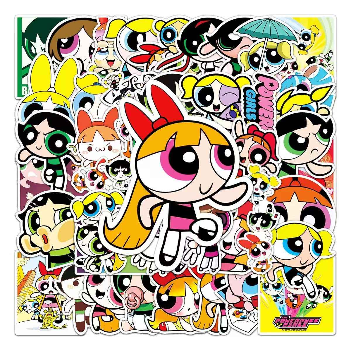 Powerpuff Girls 50-Piece Sticker Pack | Kawaii Characters, DIY Crafting, Journal, Laptop, Water Bottle, Scrapbooking, Reusable, Waterproof PVC