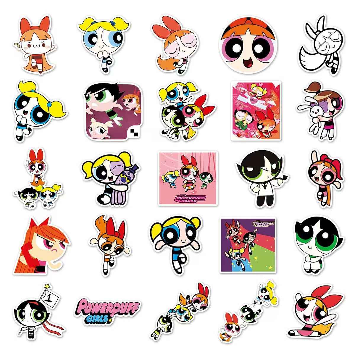 Powerpuff Girls 50-Piece Sticker Pack | Kawaii Characters, DIY Crafting, Journal, Laptop, Water Bottle, Scrapbooking, Reusable, Waterproof PVC