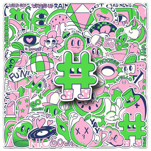 Pink & Green Color Block 50-Piece Sticker Pack | DIY Crafting, Journal, Laptop, Water Bottle, Scrapbooking, Reusable, Waterproof PVC