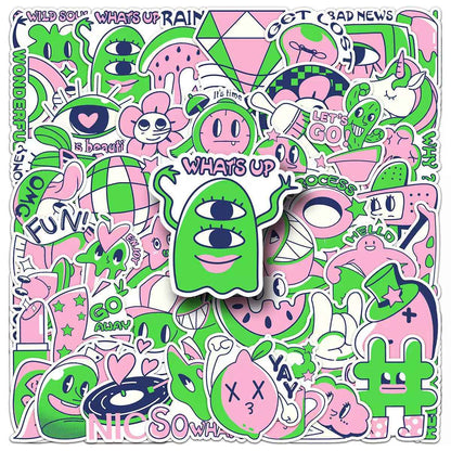 Pink & Green Color Block 50-Piece Sticker Pack | DIY Crafting, Journal, Laptop, Water Bottle, Scrapbooking, Reusable, Waterproof PVC