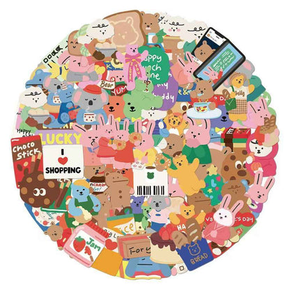 Korean Style Bear & Bunny 100-Piece Sticker Pack | Cute Characters, DIY Crafting, Journal, Laptop, Water Bottle, Scrapbooking, Reusable, Waterproof PVC