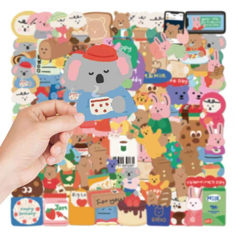 Korean Style Bear & Bunny 100-Piece Sticker Pack | Cute Characters, DIY Crafting, Journal, Laptop, Water Bottle, Scrapbooking, Reusable, Waterproof PVC