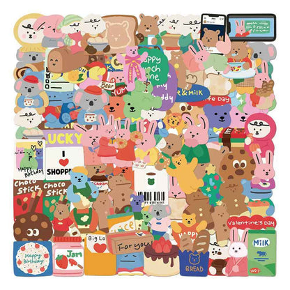 Korean Style Bear & Bunny 100-Piece Sticker Pack | Cute Characters, DIY Crafting, Journal, Laptop, Water Bottle, Scrapbooking, Reusable, Waterproof PVC