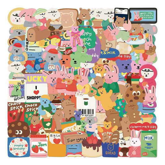 Korean Style Bear & Bunny 100-Piece Sticker Pack | Cute Characters, DIY Crafting, Journal, Laptop, Water Bottle, Scrapbooking, Reusable, Waterproof PVC