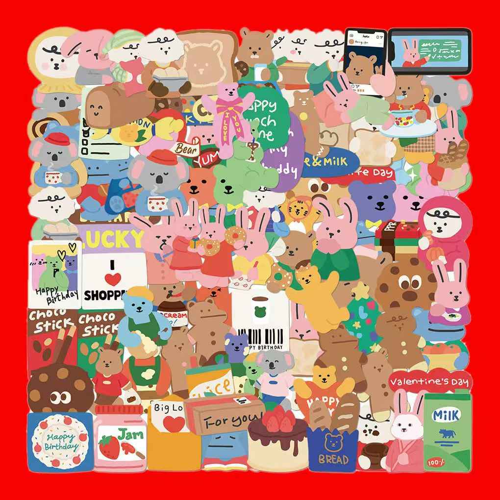 Korean Style Bear & Bunny 100-Piece Sticker Pack | Cute Characters, DIY Crafting, Journal, Laptop, Water Bottle, Scrapbooking, Reusable, Waterproof PVC