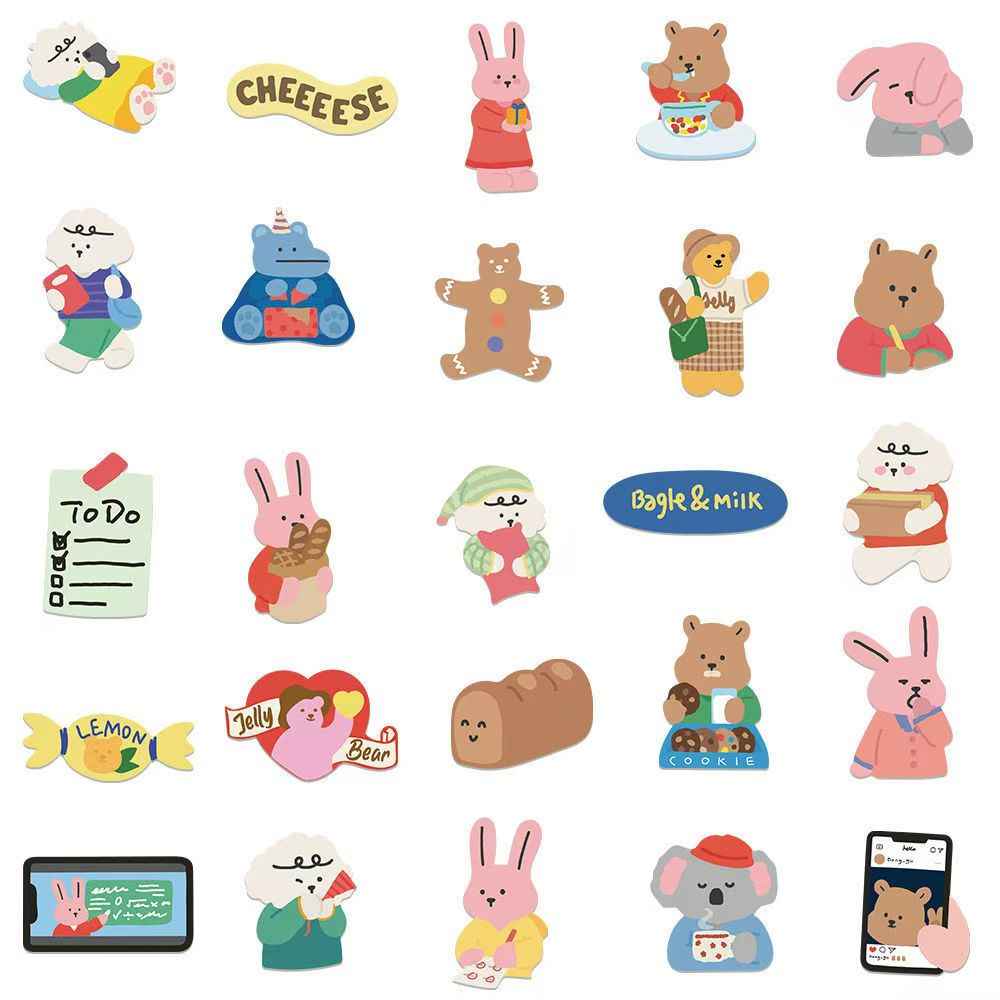 Korean Style Bear & Bunny 100-Piece Sticker Pack | Cute Characters, DIY Crafting, Journal, Laptop, Water Bottle, Scrapbooking, Reusable, Waterproof PVC