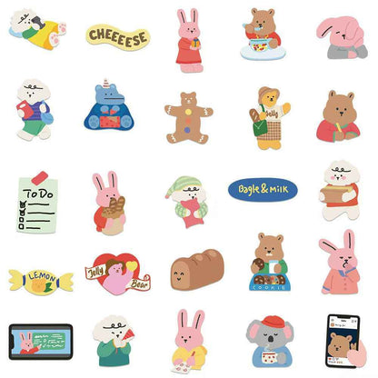 Korean Style Bear & Bunny 100-Piece Sticker Pack | Cute Characters, DIY Crafting, Journal, Laptop, Water Bottle, Scrapbooking, Reusable, Waterproof PVC