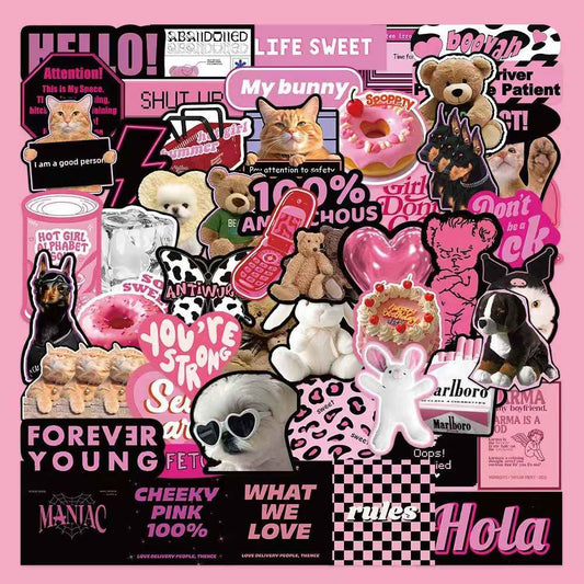 Pink & Purple American Sweet Cool Style 100-Piece Sticker Pack | Trendy Characters, DIY Crafting, Journal, Laptop, Water Bottle, Scrapbooking, Reusable, Waterproof PVC