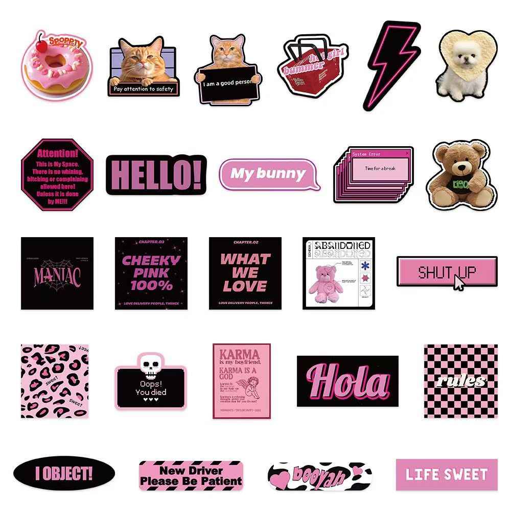 Pink & Purple American Sweet Cool Style 100-Piece Sticker Pack | Trendy Characters, DIY Crafting, Journal, Laptop, Water Bottle, Scrapbooking, Reusable, Waterproof PVC