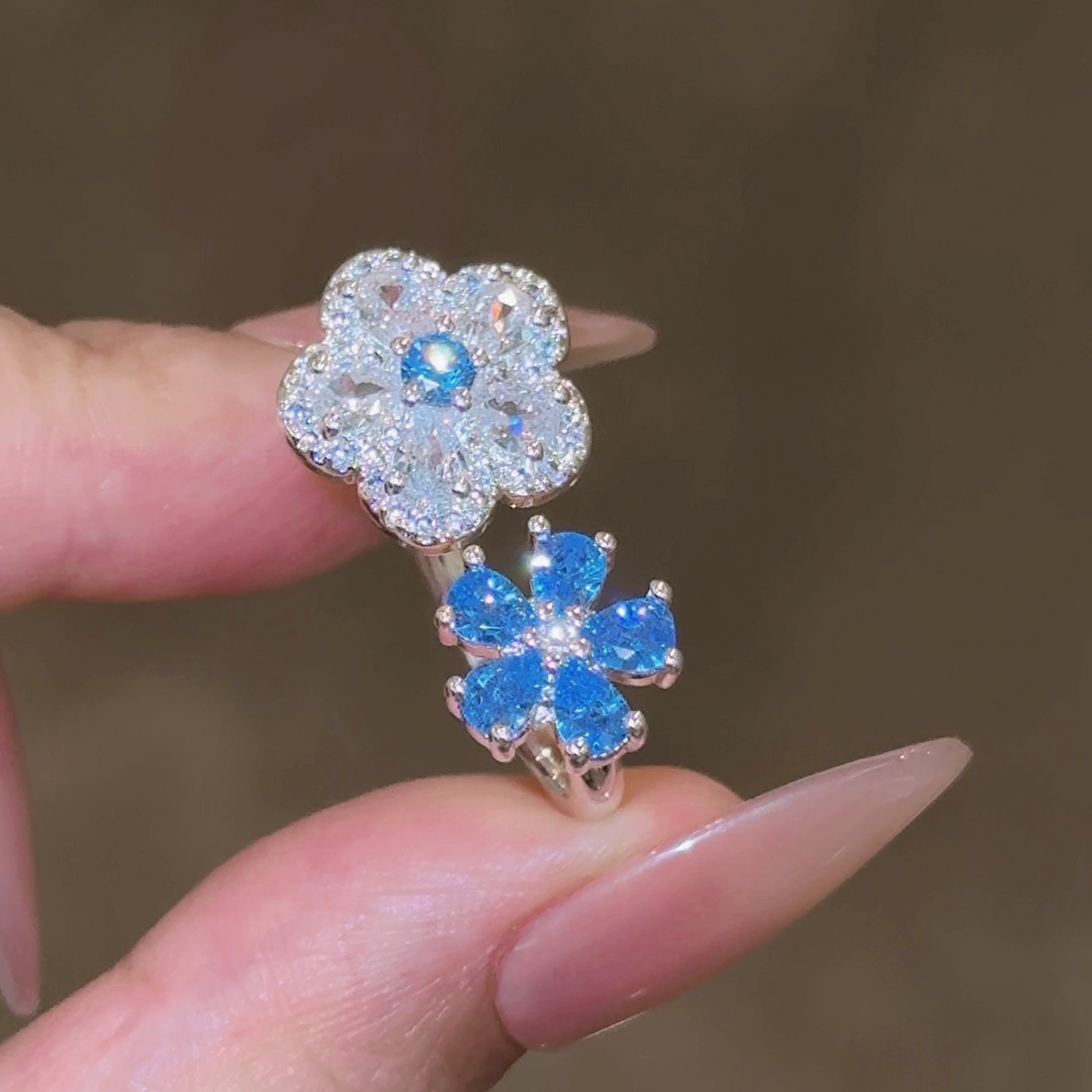Blue Blossom Double Flower Open Ring