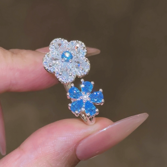 Blue Blossom Double Flower Open Ring